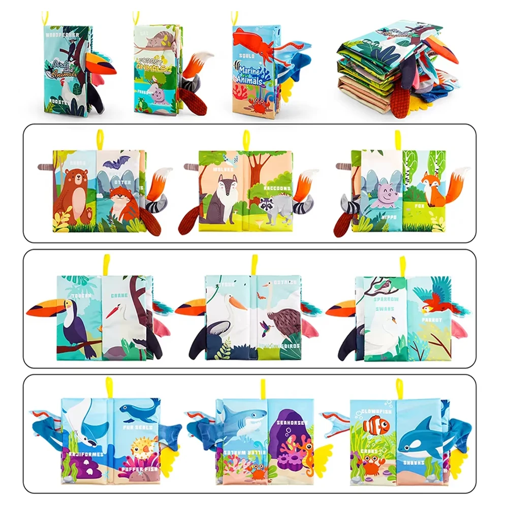 مجموعة كتب قماشية حسية ذات صوت مجعد 3 في 1 - ألعاب تفاعلية خالية من مادة BPA للحيوانات/البحرية/الطيور للأطفال من عمر 0 إلى 12 شهرًا |   مونتيسوري قابل للغسل