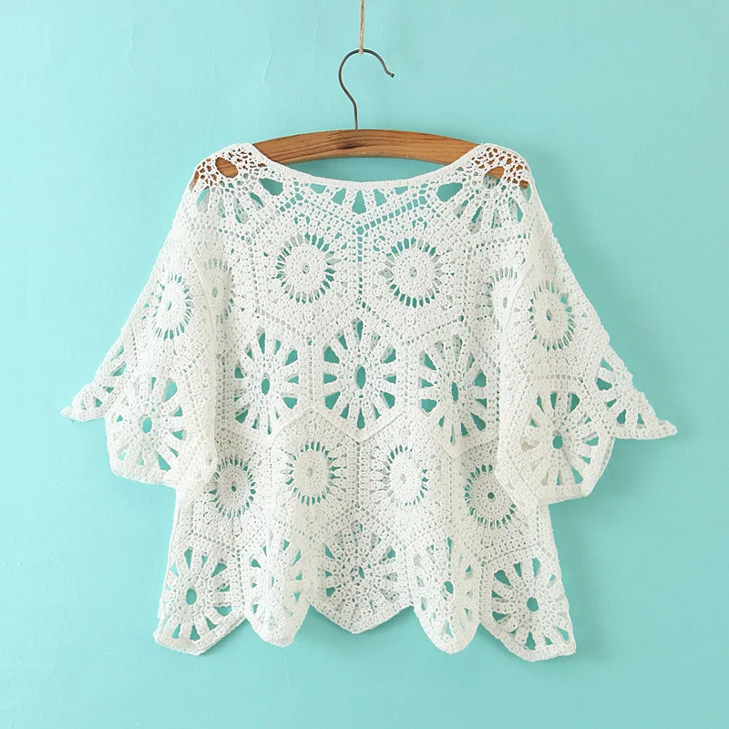 Women\'s -Sleeved Hollow-out Sweater Summer Crocheted 2024 New Loose Short Pullover Blouse