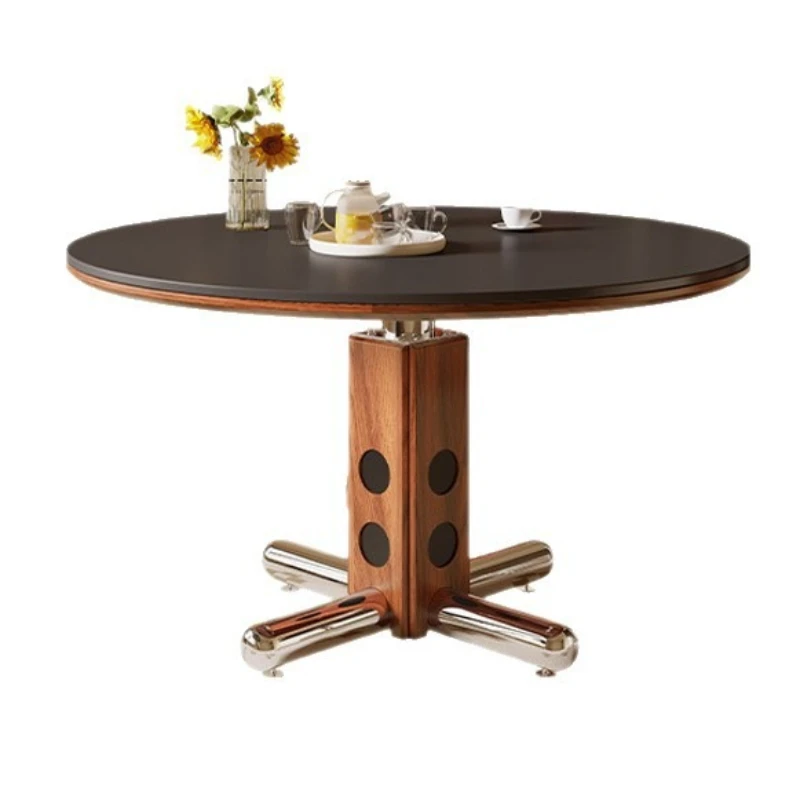 Medieval round table retro small apartment metal legs round dining table Nordic Bauhaus rock slab dining table light luxury