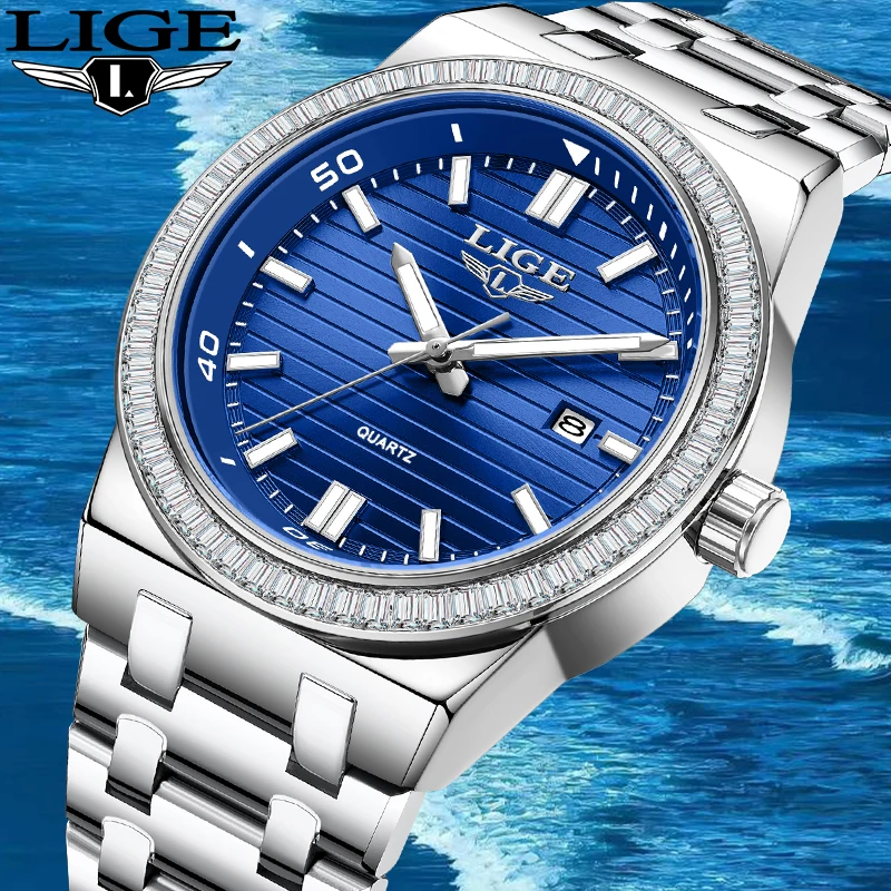 lige-シンプルなファッションクォーツマンウォッチカジュアル高級ビジネスステンレスバンド発光防水時計男性用自動日付時計