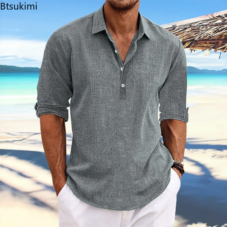 2025 Summer High Quality Men's Casual Cotton Linen Long Sleeve Shirt Solid Color Lapel Button Loose Tops Business Casual Blouse