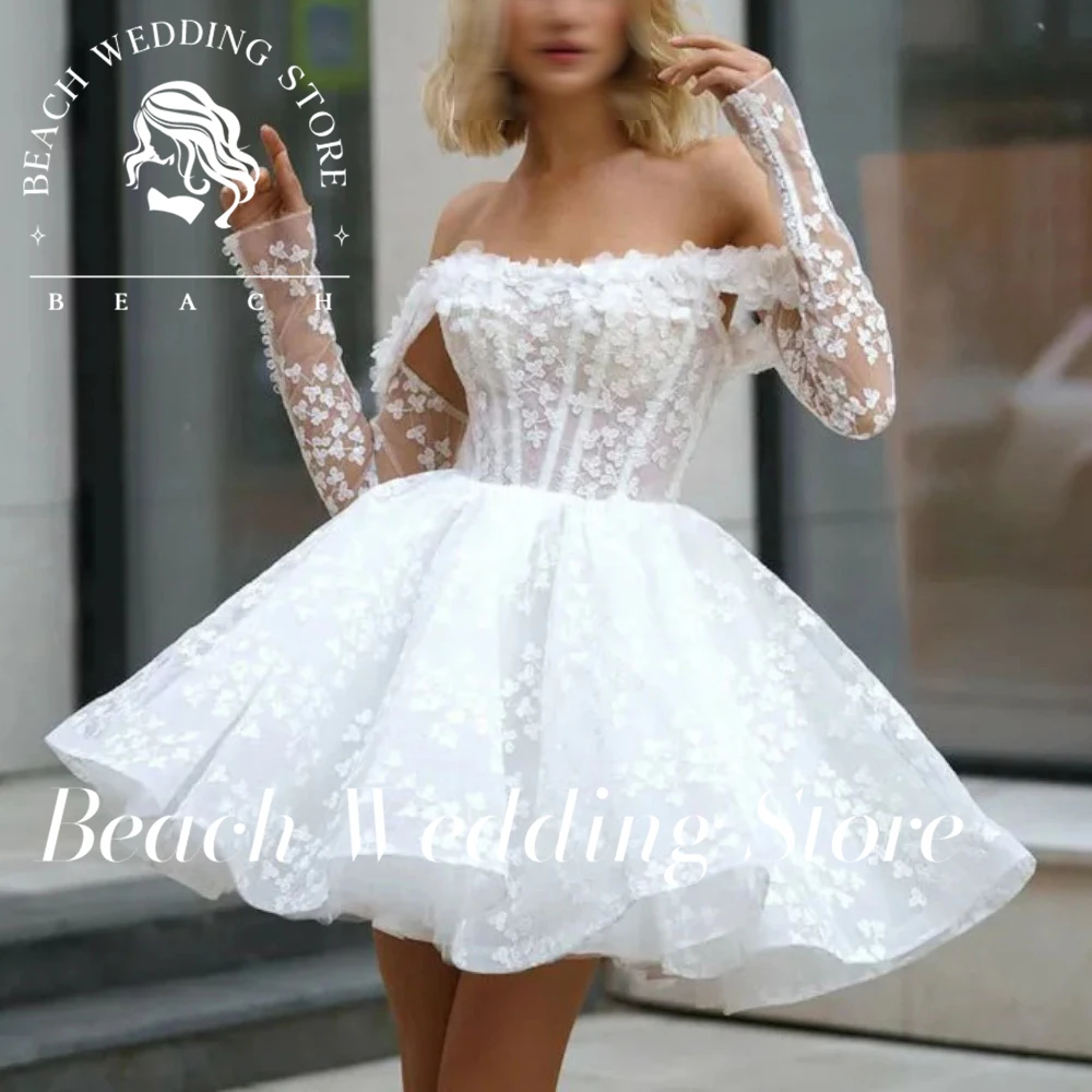 Beach Customized Long Sleeve Short Lace Wedding Dresses A Line 3D Flowers Mini Bride Dress Off The Shoulder Wedding Gowns