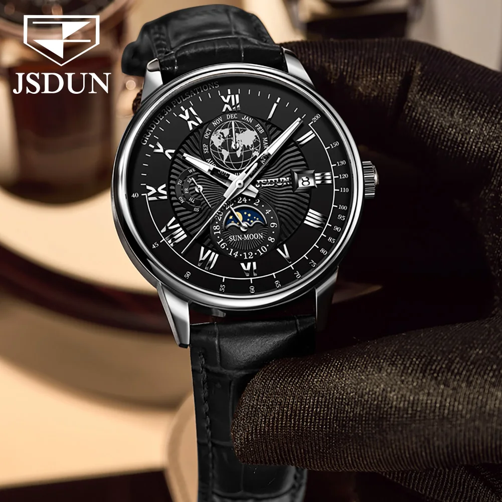 JSDUN Original Leather Strap Automatic Mechanical Watch for Men Best Selling Multifunction Fashion Business Men's Wrist Watches