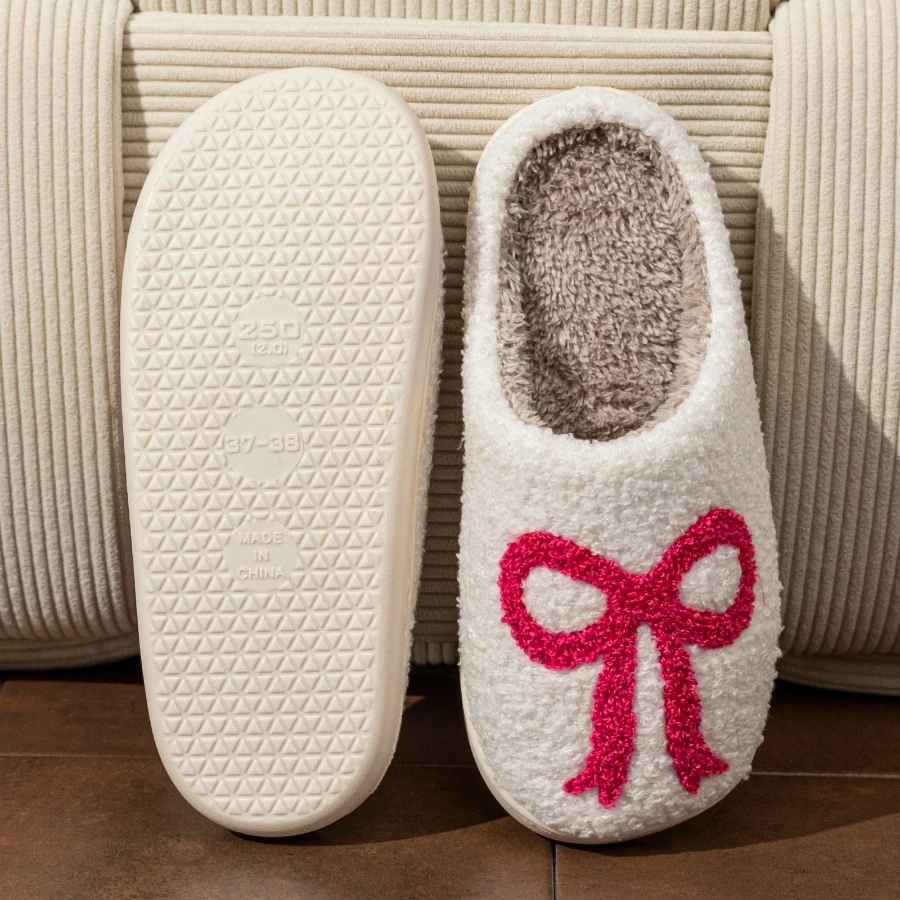 لطيف القوس نمط الشتاء موضة داخلي المرأة النعال الترفيه الدافئة مريح لينة وحيد غرفة نوم أفخم الفتاة المضادة للانزلاق أحذية المنزل