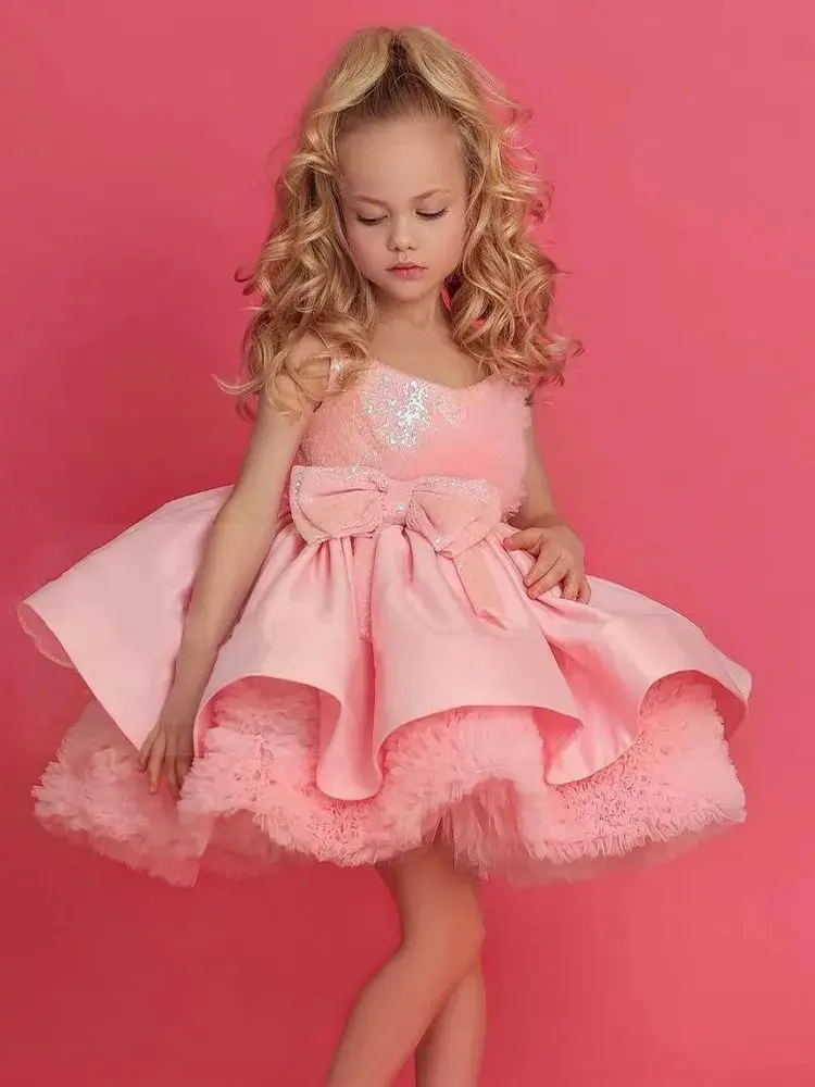 

Cute Pink Flower Girl Dresses Glitter Sequin Ruffles Children Birthday Party Gowns Tulle Kids First Communion Dress