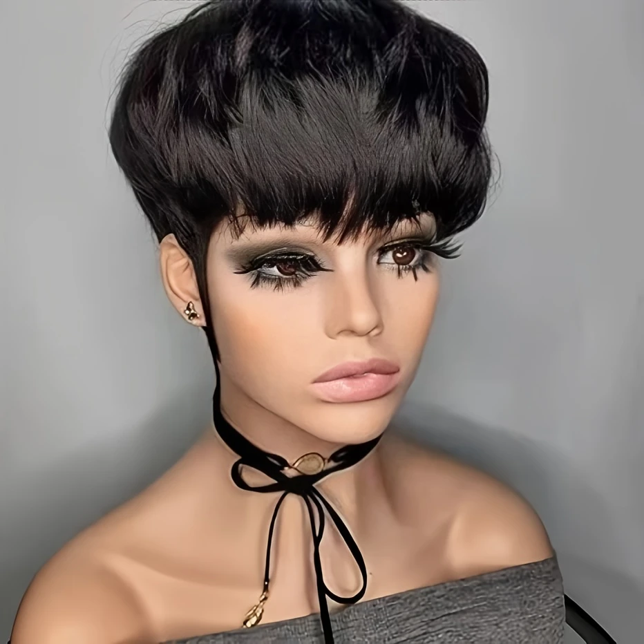 Pixie-Schnitt-Perücke, kurze, glatte Echthaar-Perücken für Frauen, voll maschinell hergestellte Perücke, 150 % Dichte, 15,2 cm