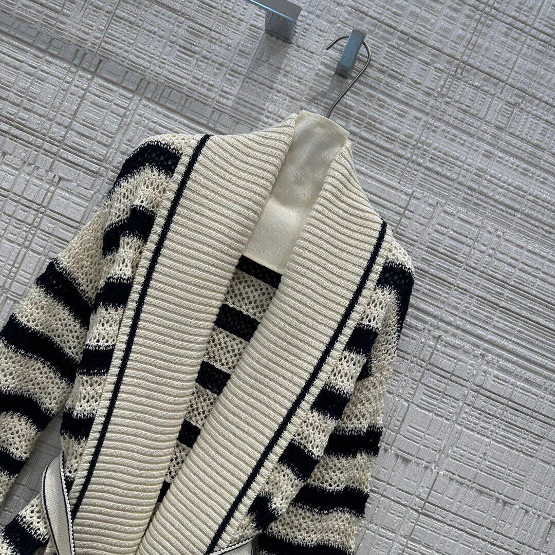 2024 New Autumn Fashion Heavy Cotton Knitted Long Cardigans Women Robe Style V-neck Long Sleeve Stripes Pattern Belt Sweater