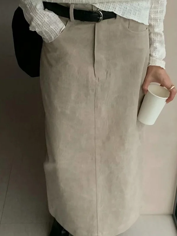 Primavera 2025 feminino cintura alta corte reto saia jeans simples ele alta fenda saia longa commute sle cor pura