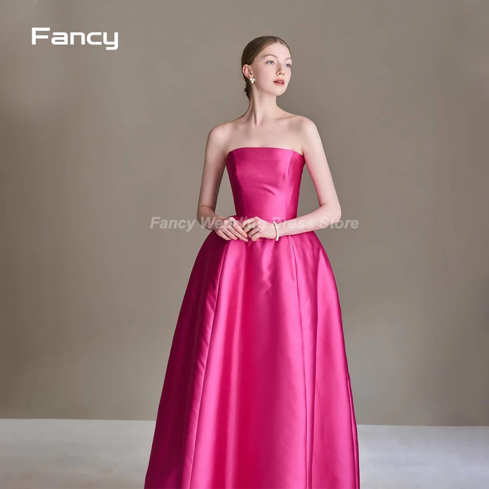 

Fancy Simple Red A Line Wedding Dress Korea Photo Shoot Strapless Sleeveless Bridal Gown Satin 웨딩드레스 Corset Back