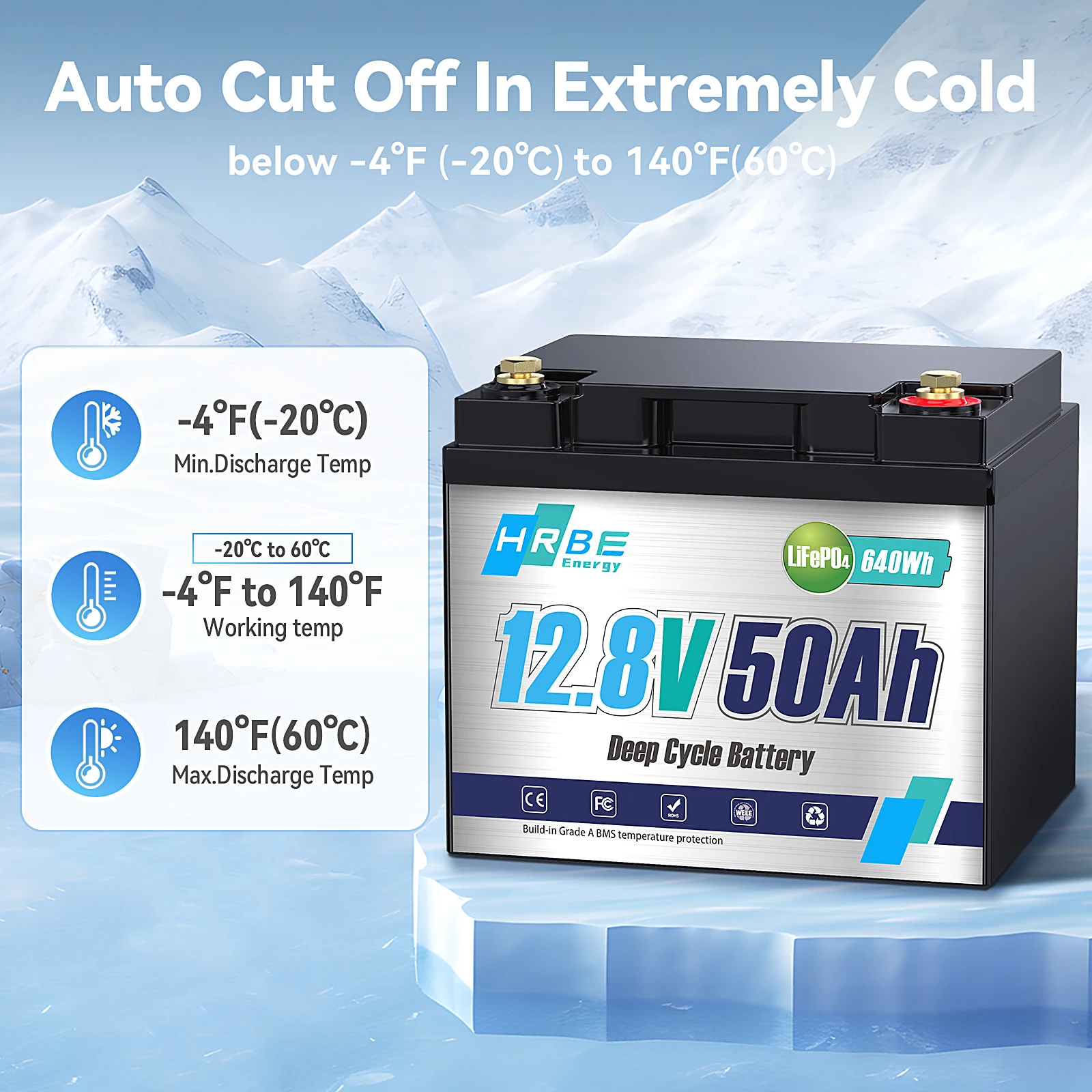 12V 50Ah LiFePO4 Lithium Battery, 4000+ Deep Cycle Rechargeable Battery, Built-in Smart BMS, for Home Solar Storage, Outdoor Camping, RV, Marine, UPS Backup Power Supply, Maintenance-Free, 10-Year Long Lifespan