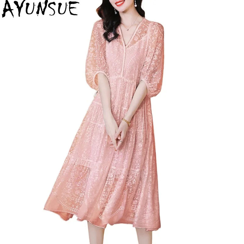 

AYUNSUE 100% Натуральное Шелковое Платье из Тутового Шелкопряда для Женщин, Летнее Платье 2026, Элегантное Женское Платье с Кружевом, Однотонное Платье Женское