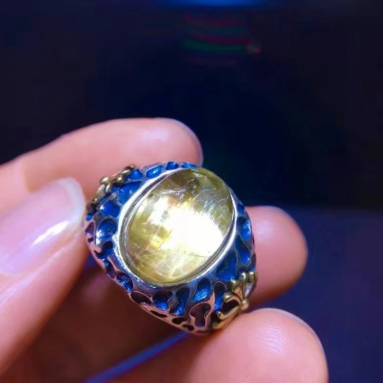 

Natural Gold Rutilated Quartz Sphere Adjustable Ring 925 Silver Women Ball 14.6/10.5mm Yellow Rutilated Beads AAAAAA