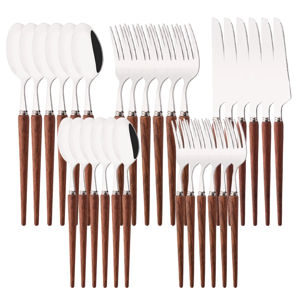 6/30Pcs Stainless Steel Wooden Handle Flatware Cutlery Set Dinnerware Western Home Tableware Knife Fork Dessert Spoon Silverware