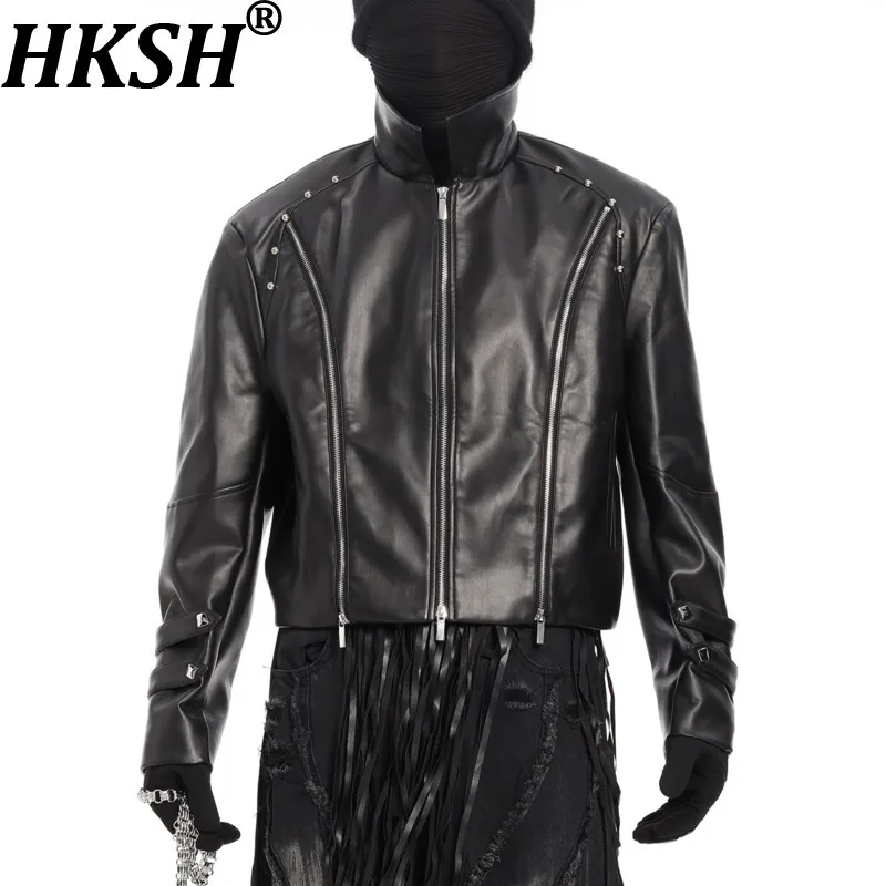 

HKSH Spring Autumn New Men Tide Dark Zipper Split Rivet Moto Biker Leather Jacket Trendy Techwear Vintage Niche Ins Coat HK12111