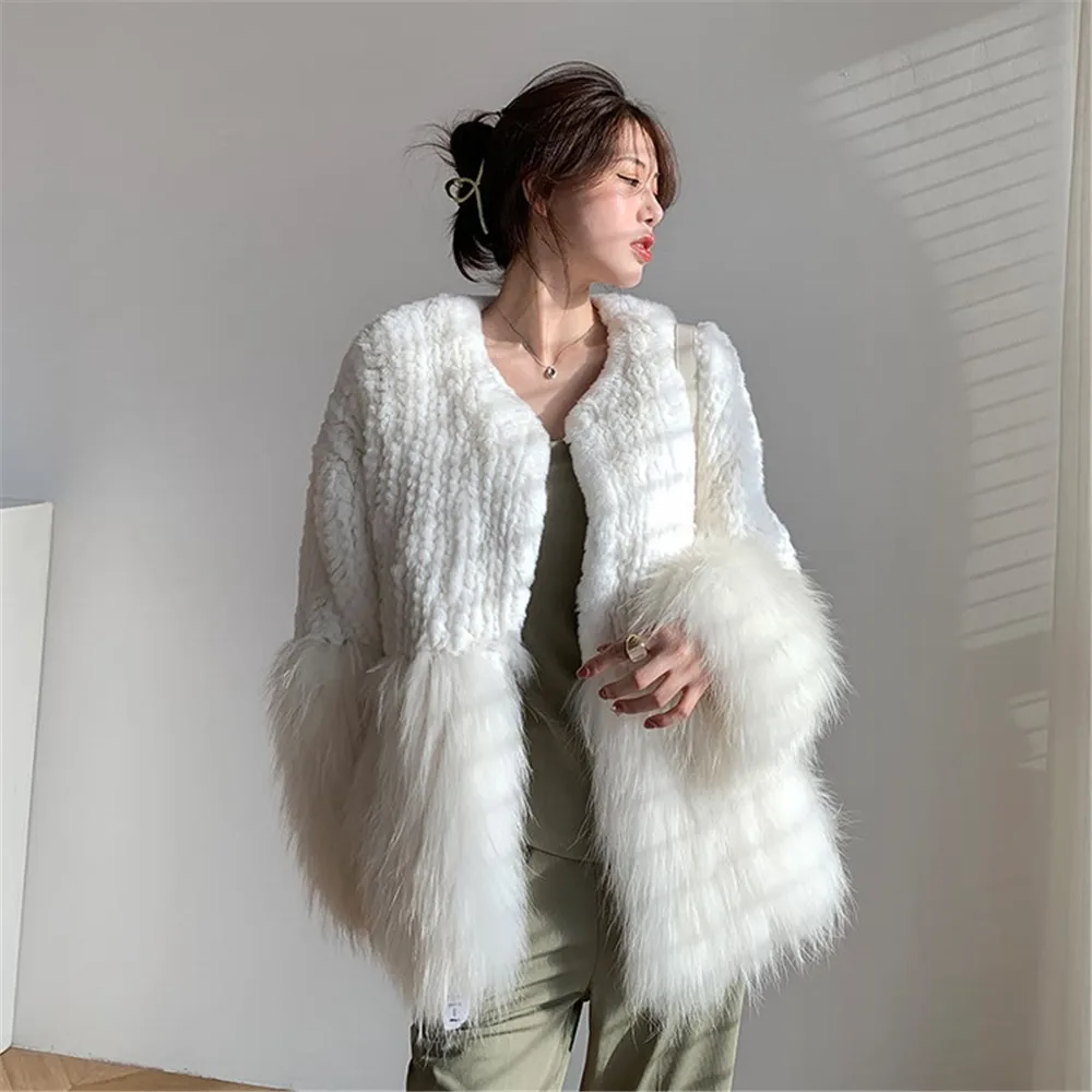 Cappotto con giunture per capelli di coniglio Rex da donna, capelli di procione, cappotto di pelliccia intrecciata, caldo, tinta unita, moda autunno e inverno, nuovo, 2023