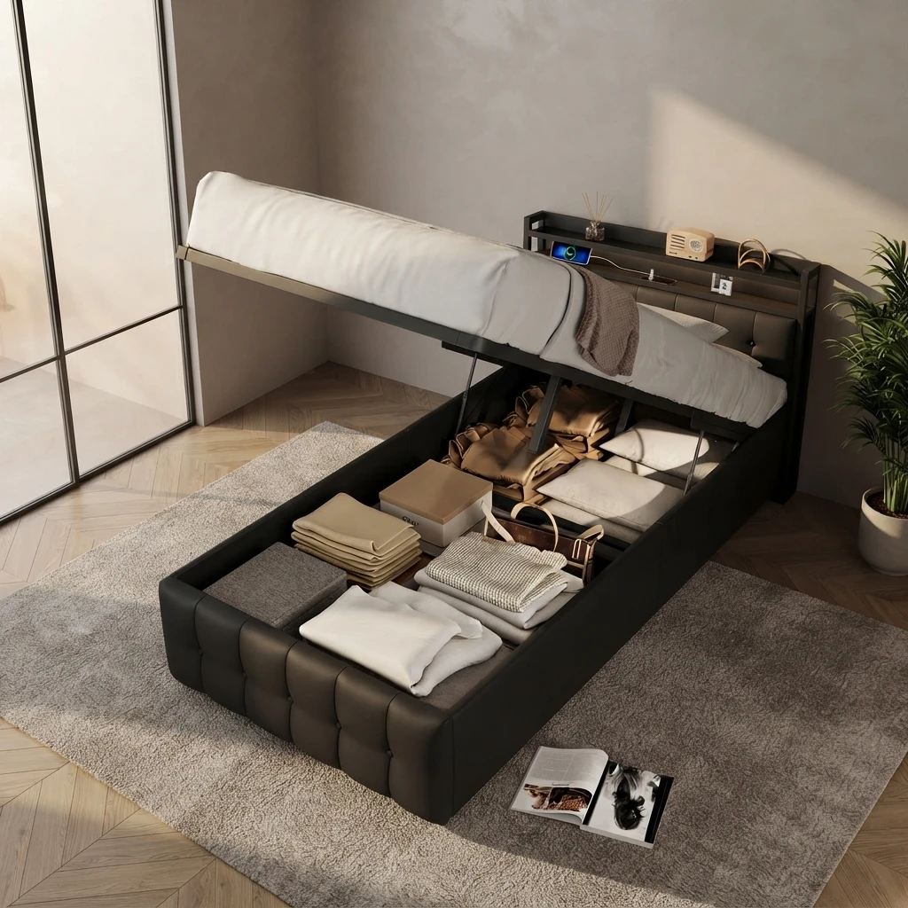 Letto idraulico Anajqaqia 90×200 cm, letto per ragazzi, letto singolo, letto imbottito, testiera con vano contenitore, per camera da letto, in PU, nero, materasso non incluso.