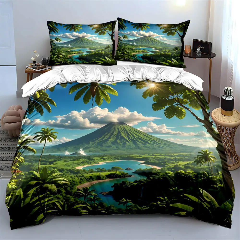 Lush landscape, volcano, river. Print Bedding Set 1 Duvet Cover 2 Pillowcases for Adult and Children Luxury Gift Full Size