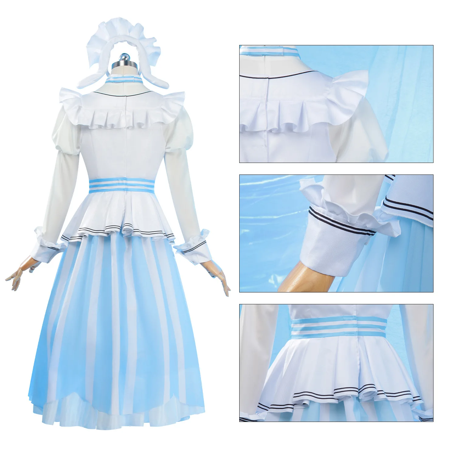 Otori Emu Cosplay Costume from Project SEKAI Blue White Maid Outfit with Hat, Bows and Cinnamoroll Badge for Women Girls Cosplay - view 4
