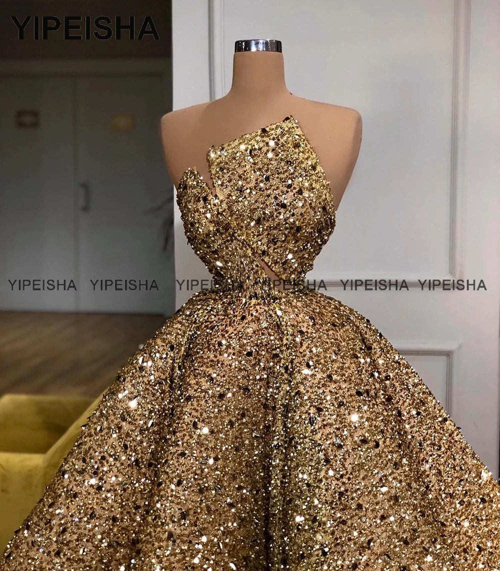 Yipeisha Sprankelende Lovertjes Gouden Quinceanera Jurken Strapless Mouwloze Baljurk Maskerade Jurk Sweet 15 Jaar 2023 Nieuw