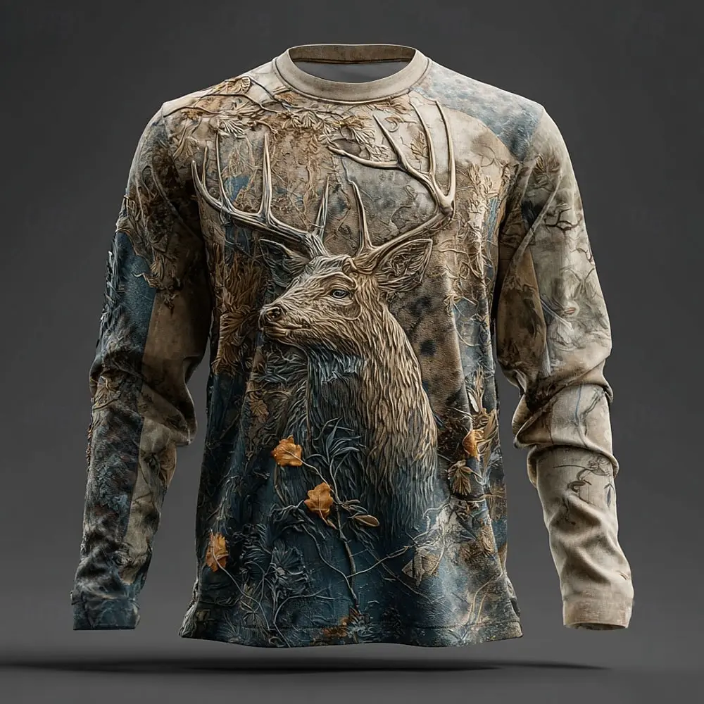 

2025 Men's Camo Deer Print Long Sleeve Shirt, 3D Graphic Crew Neck Top, Outdoor Streetwear Fashion, Spring Summer Casual Wear