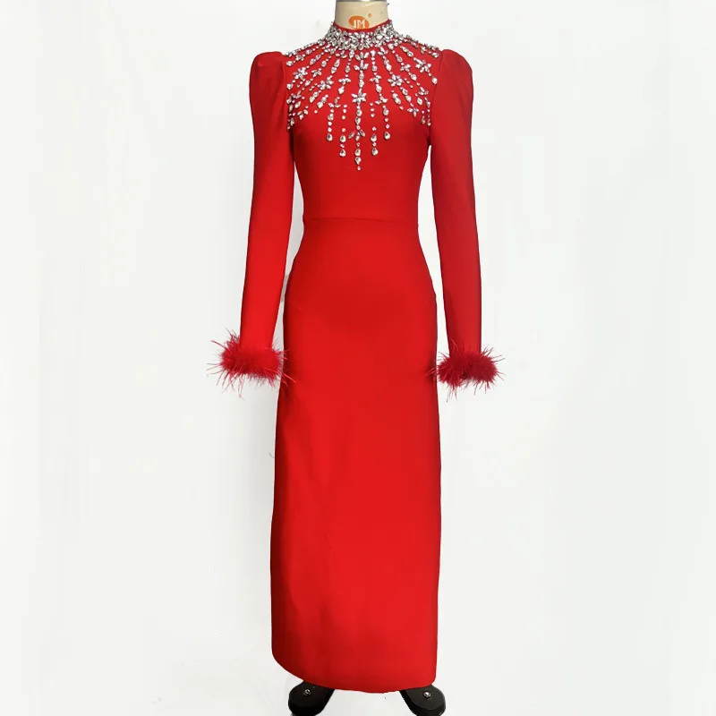 BEWQ فستان نسائي أنيق بأشرطة نصف رقبة عالية مطرز بالخرز وأكمام ريشة فستان الحفلات المسائية جديد لخريف 2025