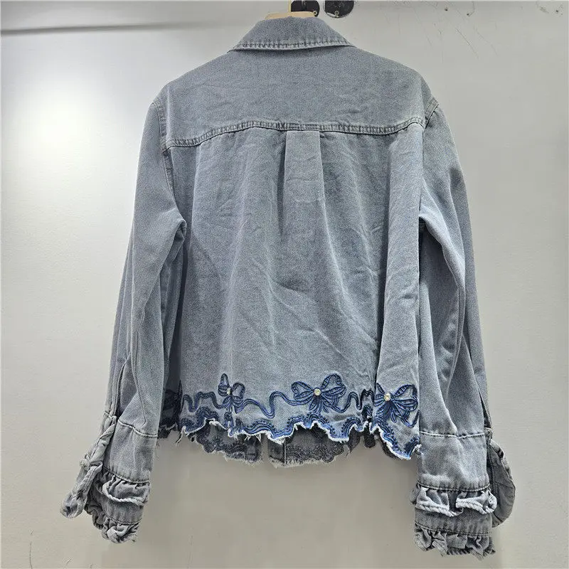 Fashion Butterfly Embroidery Ruffle Blue Short Denim Jacket Lapel Single-Breasted Long Sleeve Jeans Jacket Coat Chaqueta Mujer