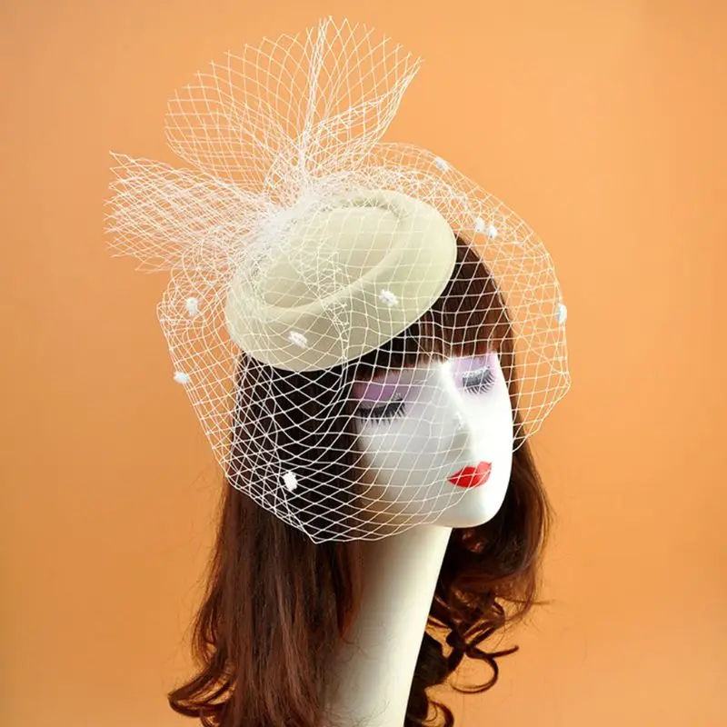 634C Women Fascinator Hat 20s Vintage Solid Color Felt Pillbox Cap Small Polka Dot Mesh Veil Wedding Tea Party Headwear