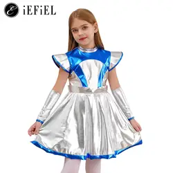 Alien Outerspace Cosplay Costume for Girls Metallic Flutter Sleeve A Line Tutu Dress with Gloves Future Robot Theme Party Dress