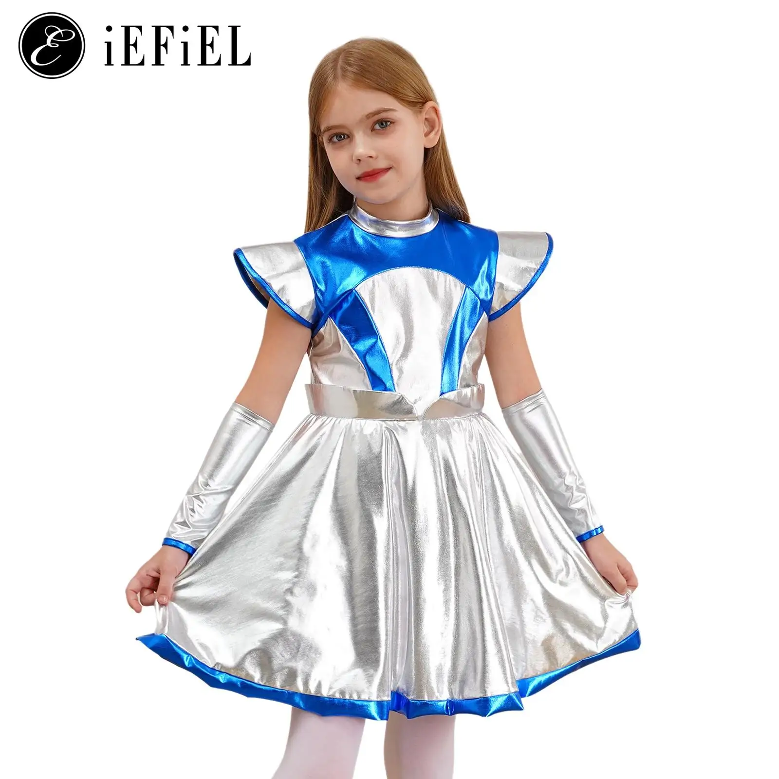 Alien Outerspace Cosplay Costume for Girls Metallic Flutter Sleeve A Line Tutu Dress with Gloves Future Robot Theme Party Dress