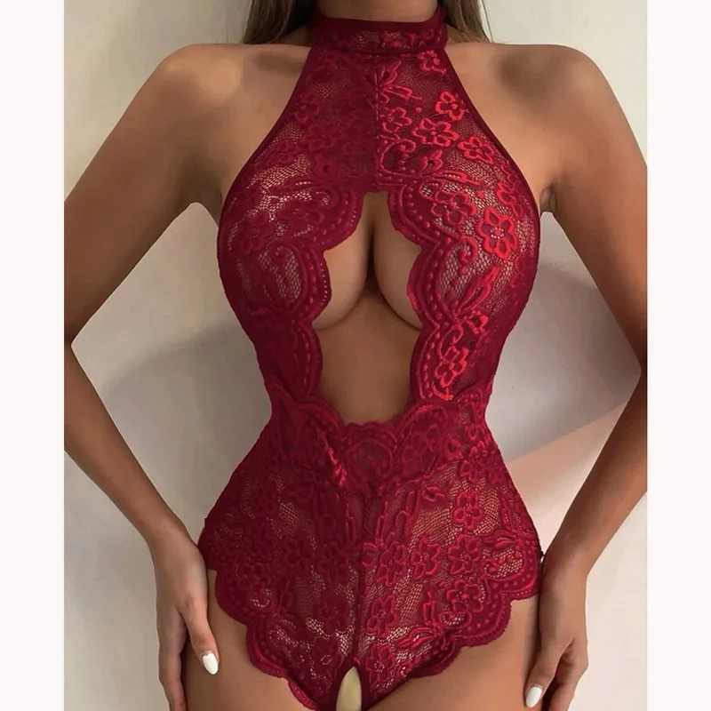 Hot Hollow Lace Sexy Perspective Open Crotch Bodysuit Women\'s Pajamas Underwear Sex Hanging Neck Strap Lingerie Erotic Costumes