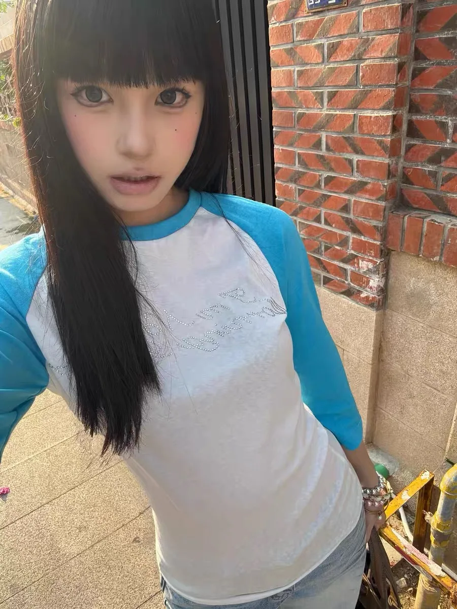 Retro American Color Block Seven Sleeve T Shirt Women Summer Letter Rhinestone Semi Transparent High End Short Sleeve Trendy Top
