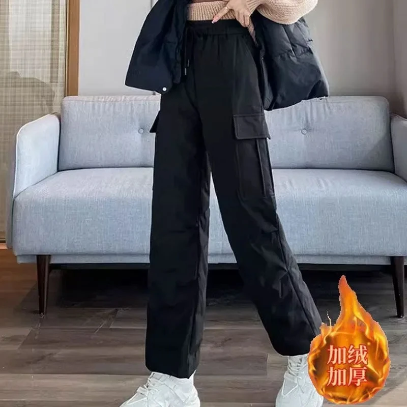 Fashion Elastic Waist Cotton Trousers Women Winter Loose Pockets Warm Straight Pants Woman High Waist Thicken Cotton Pants Lady