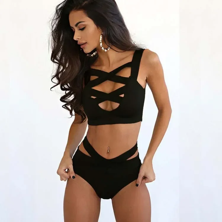 2024 Sexy Womens Bikini Set Bandage Stretch Bodycon Swimwear Push-Up Padded Cross Up Swimsuit High Waist Bathing Suit Plain