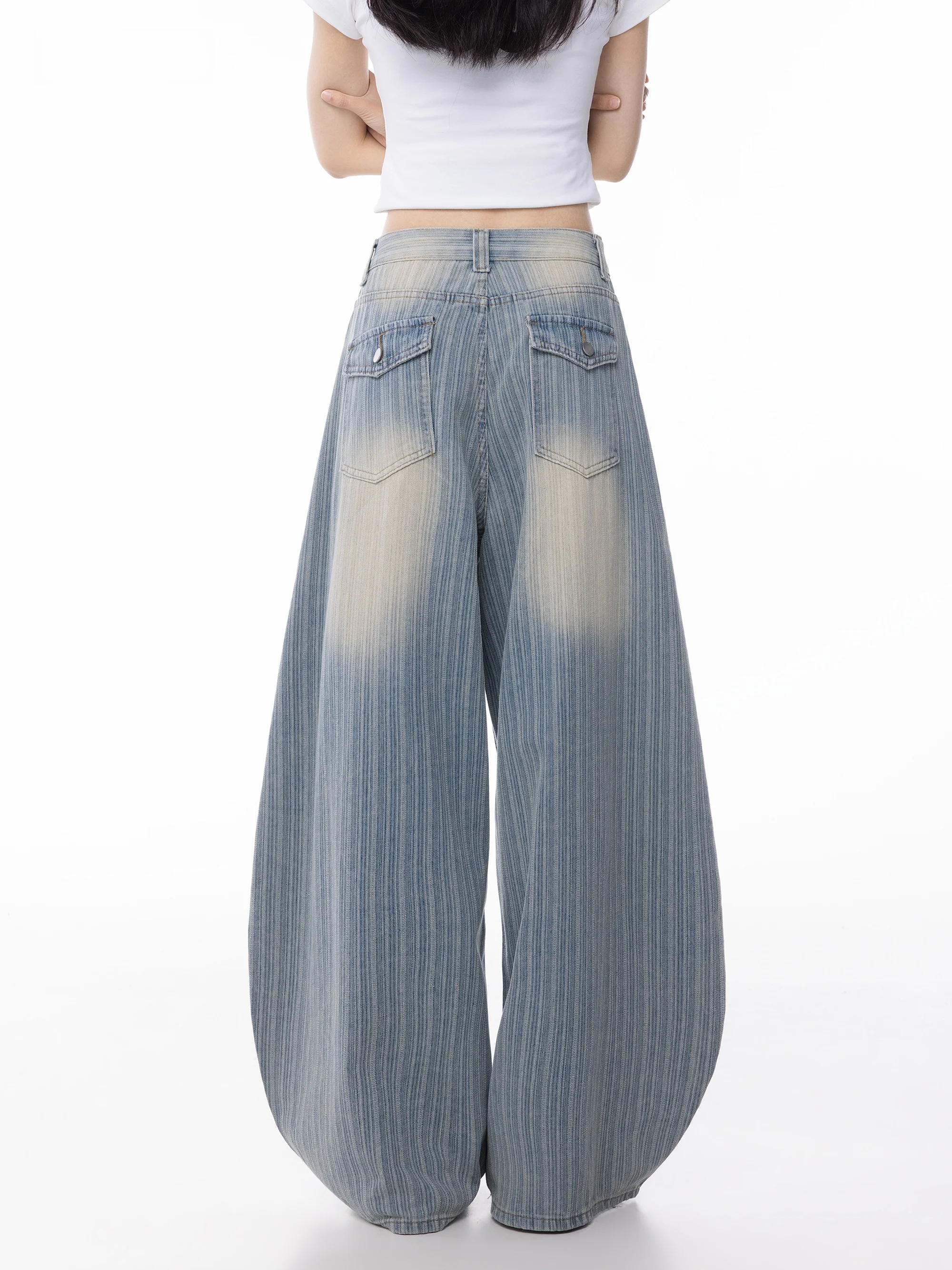 American Style Wide Leg Jeans Women Summer Thin Stripe Washed Drapey Floor Length Pants Casual Loose Fit Natural Waist