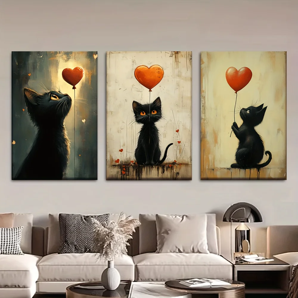 (No frame)2D Flat, 2D Flat, 3pcs/Set, Canvas Painting--Unframed, Heart-Shaped Balloons And Kittens, Posters And Prints, Livin