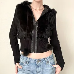 Fake fur Collar Warm Spring Rabbit Fur Coat Female Fur Knitted Jacket Outwear Fashion Long Sleeve Hooed Coats Cardigans