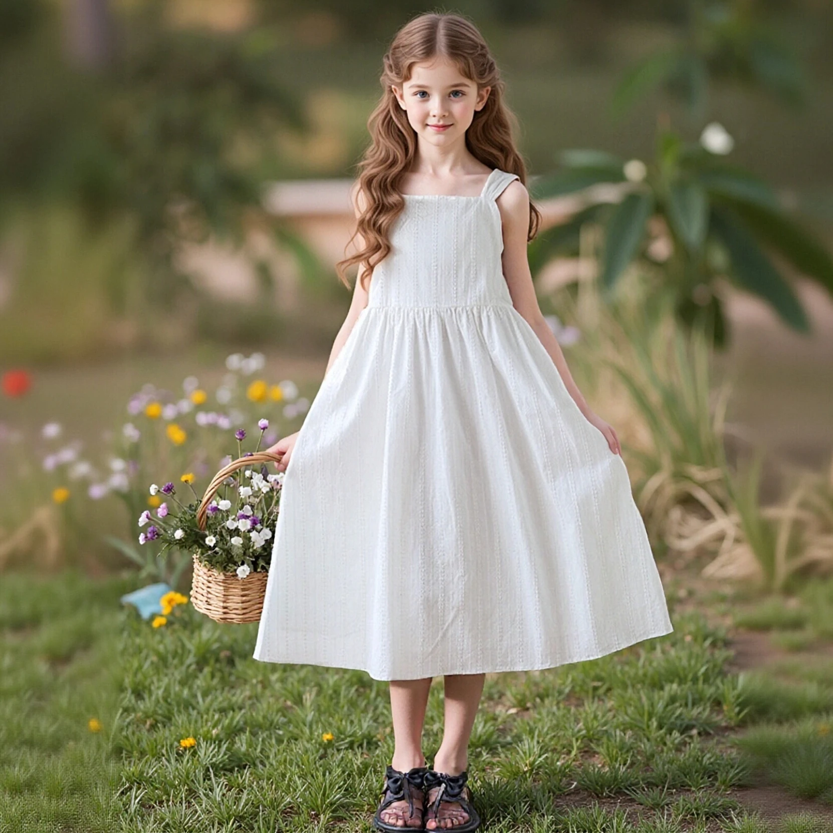 

Girls' White Square Neck Sleeveless Midi Dress Striped Ruffle A-Line Casual Sundress for Kids 6-14Y Cotton Beach Vacation Dress