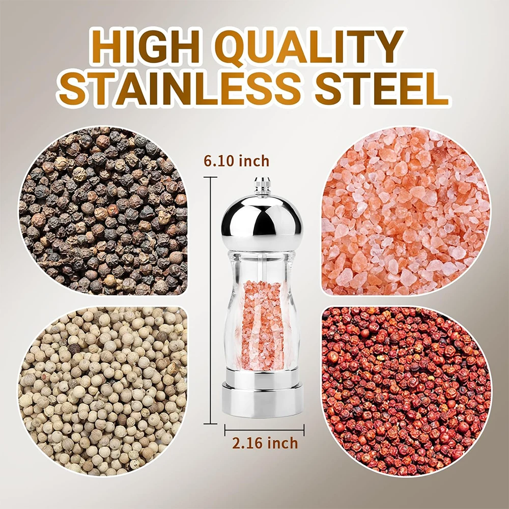 LMETJMA 6inch Salt and Pepper Mill Manual Salt Pepper Grinder with Adjustable Coarseness Refillable Peppercorn Grinder Mill