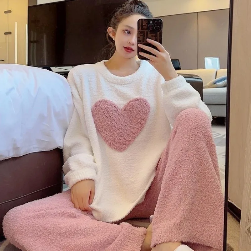

Women Coral Fleece Pajama Sets Autumn Winter Lady Nightgown Two Pieces Suits Female Casusal Home Clothes Thicken Warm Sleepwear