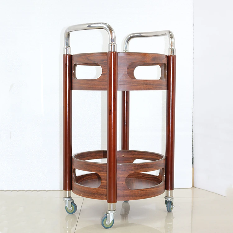 Hotel  Food and Wine Trolley Rolling Round 2 Tier Cart Rack Serving Wine Cart for Bar Storage Cart in Wooden Material