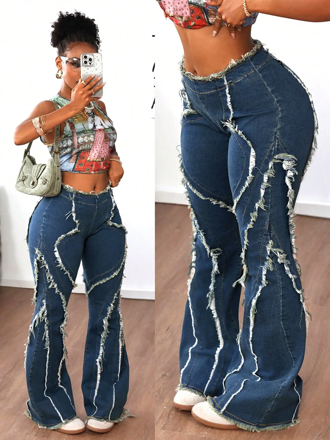 여성용 하이웨이스트 플레어 데님 진, 디스트레스드 프레이드 디테일, 캐주얼 스트리트웨어 스타일