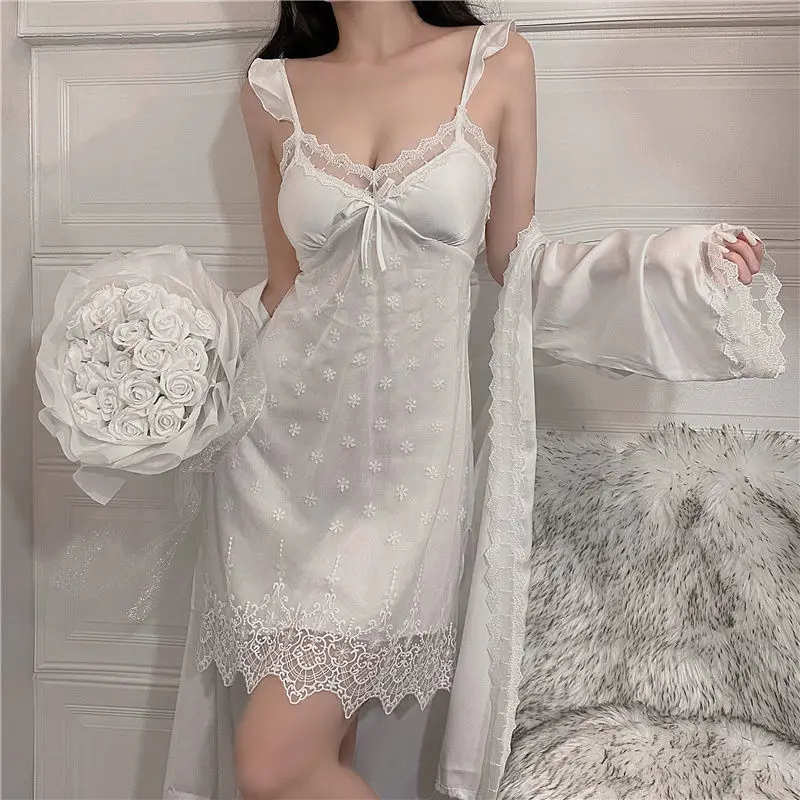 Spring Summer Ladies Lace Sexy Pajamas Breast Cushion Famale Sleepwear Two-piece Set Slip Nightdress Ice Silk Thin Homewear Suit