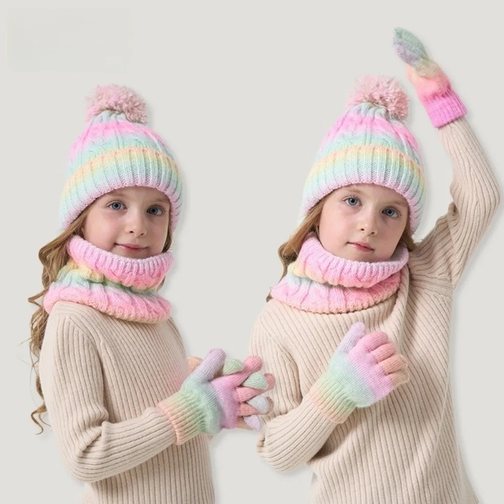 

Gradient Color Baby Hat Scarf Gloves Set Cute Pompom Thickened Toddler Knitted Hat Keep Warm with Velvet Kids Hat Set Girls