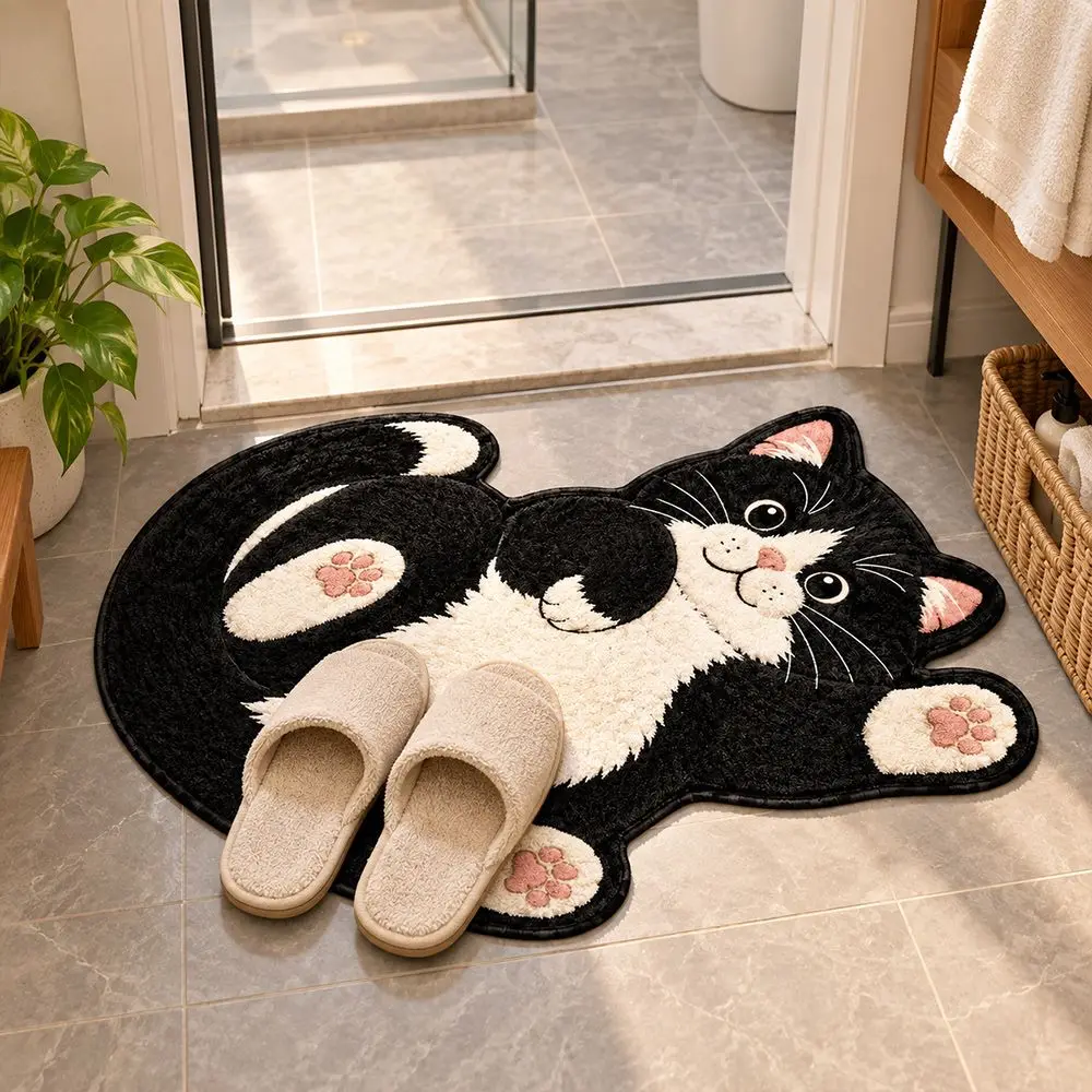 Creative Crystal Velvet Cat-Shaped Area Rug 2D Soft Entryway Floor Mat Anti-fouling Washable Bedside Door Mat Home Decor