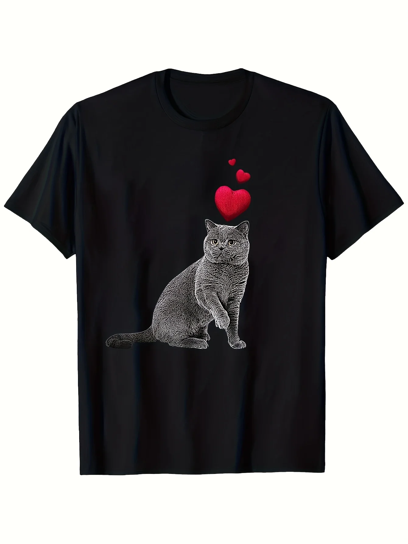 A British Shorthair Cat T-shirt, Casual Round Neck, All-season, with Heart-shaped Detail, Suitable for Adults, 1pc