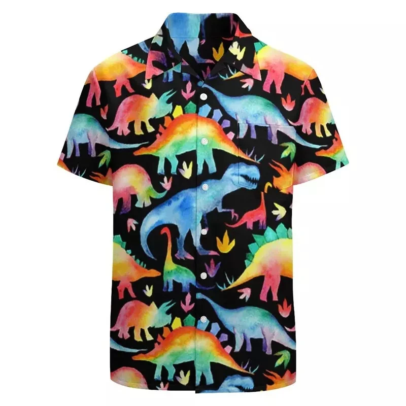 Nowe koszule hawajskie w stylu kreskówkowym z krótkim rękawem i nadrukiem 3D Anime Dinosaur Oversized Shirt For Men Odzież Y2k Tops Harajuku Blouse