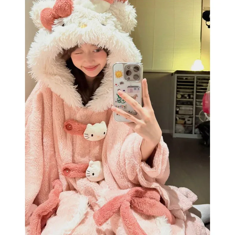 Süßes Hello Kitty Plüsch-Nachthemd, Anime, warme Pyjamas, Kawaii, Winter, Damen, Heimkleidung, Mädchen, Korallen-Samt, Schlafmantel, verdickt