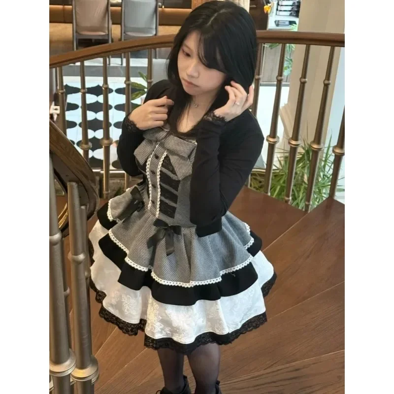 Japanese Vintage Black Lace Long Sleeved Cardigan Temperament Lace Camisole Bow Sweet Girl Dress Y2k Harajuku Two-piece Set 스커트