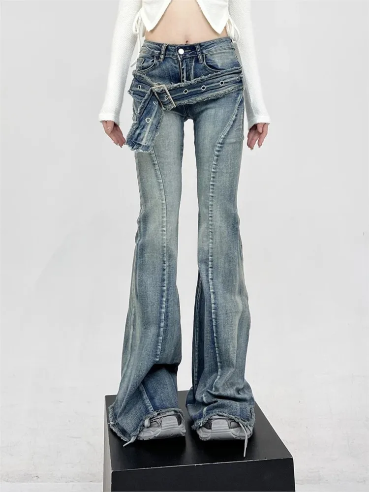 Jean Vintage Y2k délavé noir Micro évasé pour fille, pantalon Harajuku des années 2000, esthétique Grunge Punk, taille basse