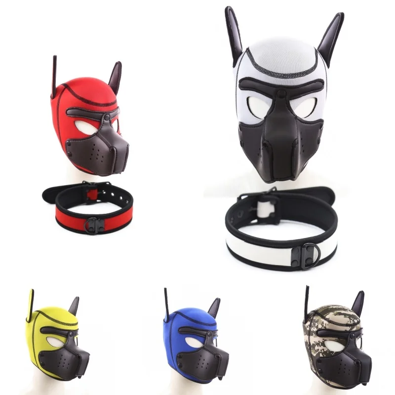 New Fashion Cosplay Latex Rubber Padded Fetish Dog Mask Full Head Hood with Adjustable Collar for Men Women Puppy Slave Roleplay